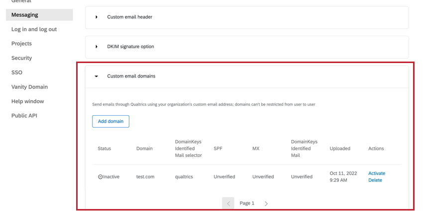 Seção de domínios de e-mail personalizados na guia E-mail