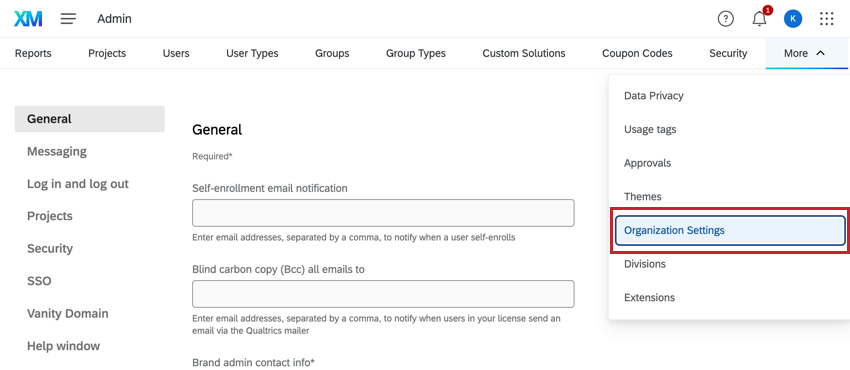 Organization Settings page