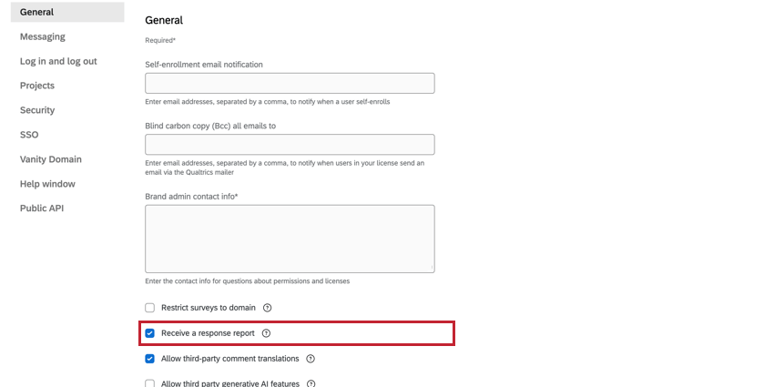 Opção Permitir Relatórios de resposta nas configurações gerais