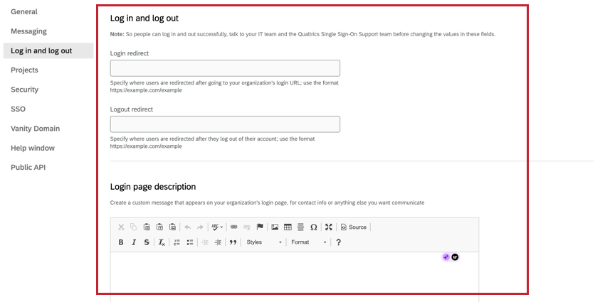 Log in and Log out sections with options highlighted