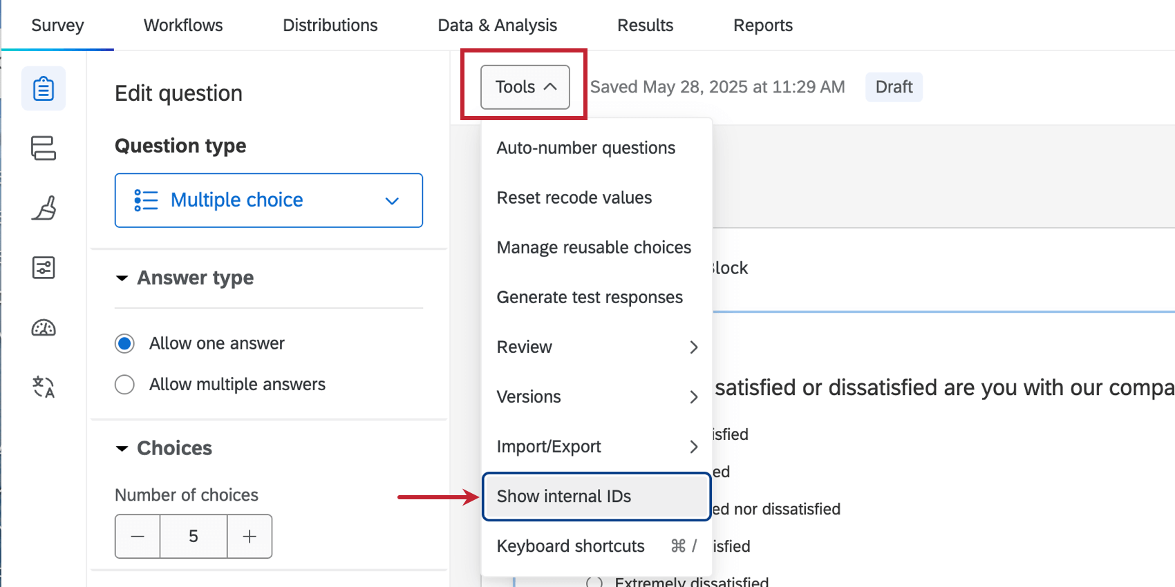 Option Afficher les identifiants internes dans le menu déroulant des outils