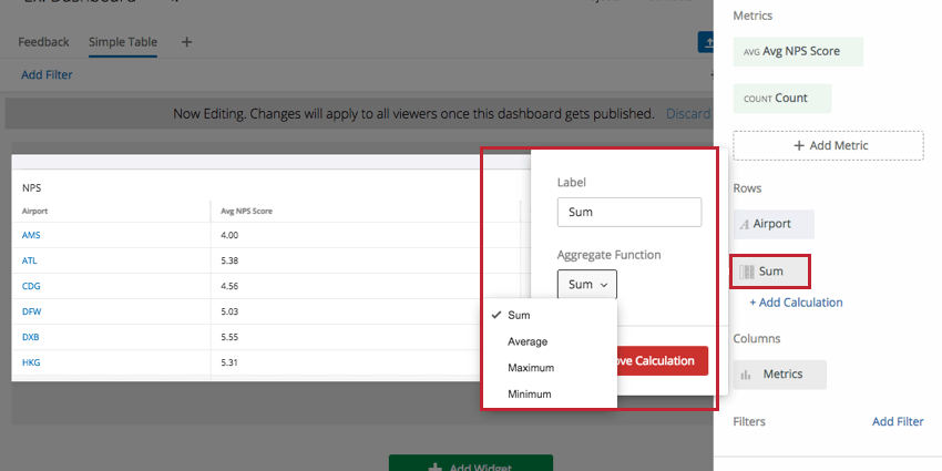 Row and Column options in righthand editing pane