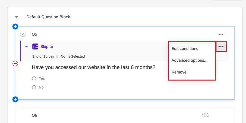 Sie finden die Dropdown-Liste mit den Optionen für die Logik zum Überspringen, indem Sie auf die drei Punkte rechts neben einer Logik zum Überspringen