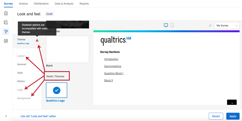 a seção de temas estáticos. um tema estático é selecionado e as opções desativadas ficam acinzentadas