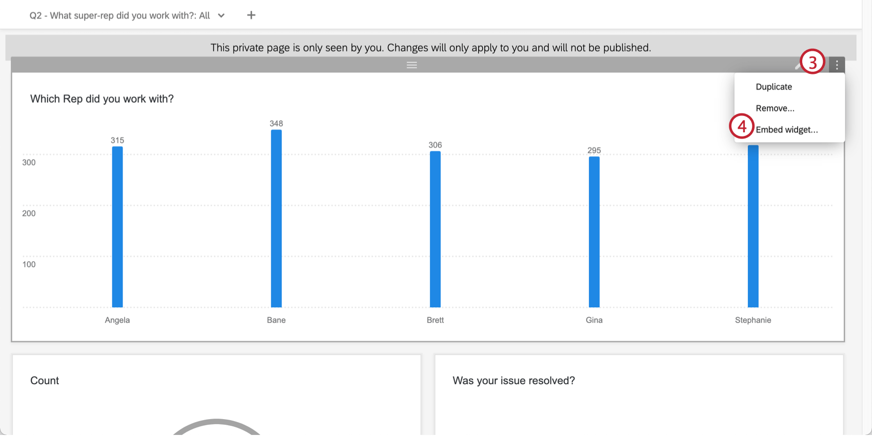 Zeigt an, auf 3 Punkte in der oberen rechten Ecke des Widget zu klicken und Widget einbetten auszuwählen