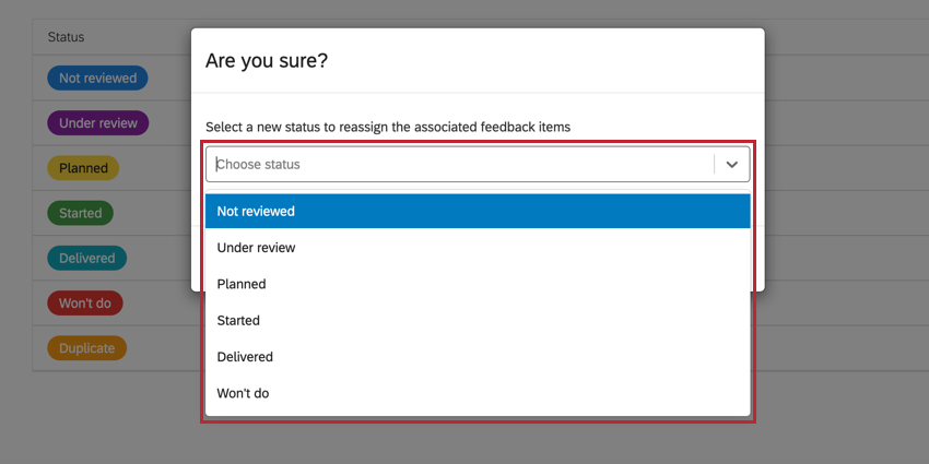 imagem do menu suspenso para escolher um novo status ao excluir um status
