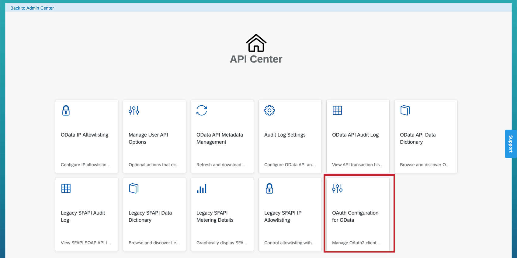 Successfactors OAuth 設定メニュー。