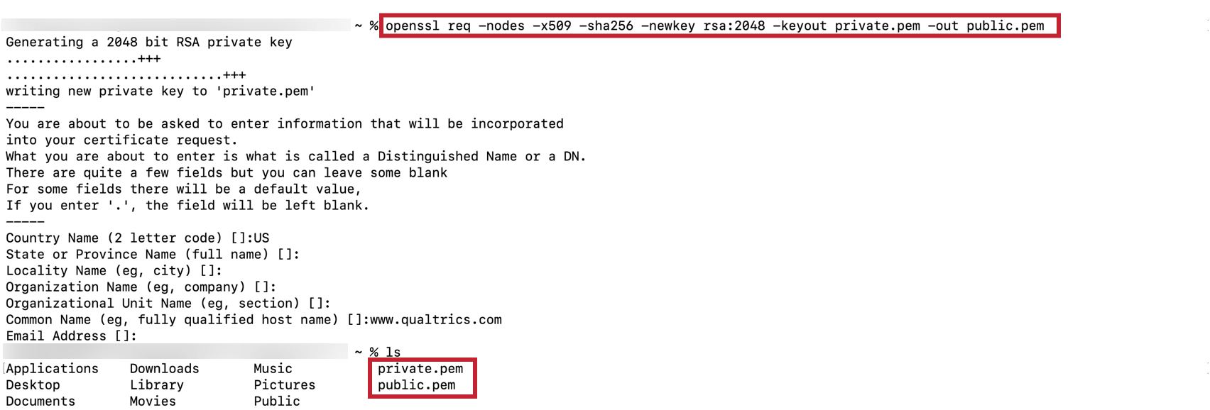 Mostra a geração de certificados no painel OpenSSL.