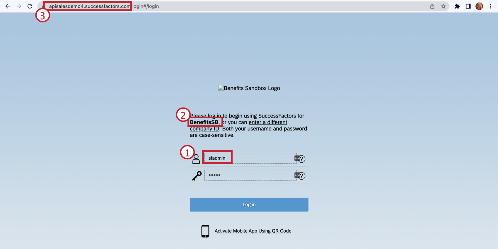 Captura de tela da página de login do SuccessFactors