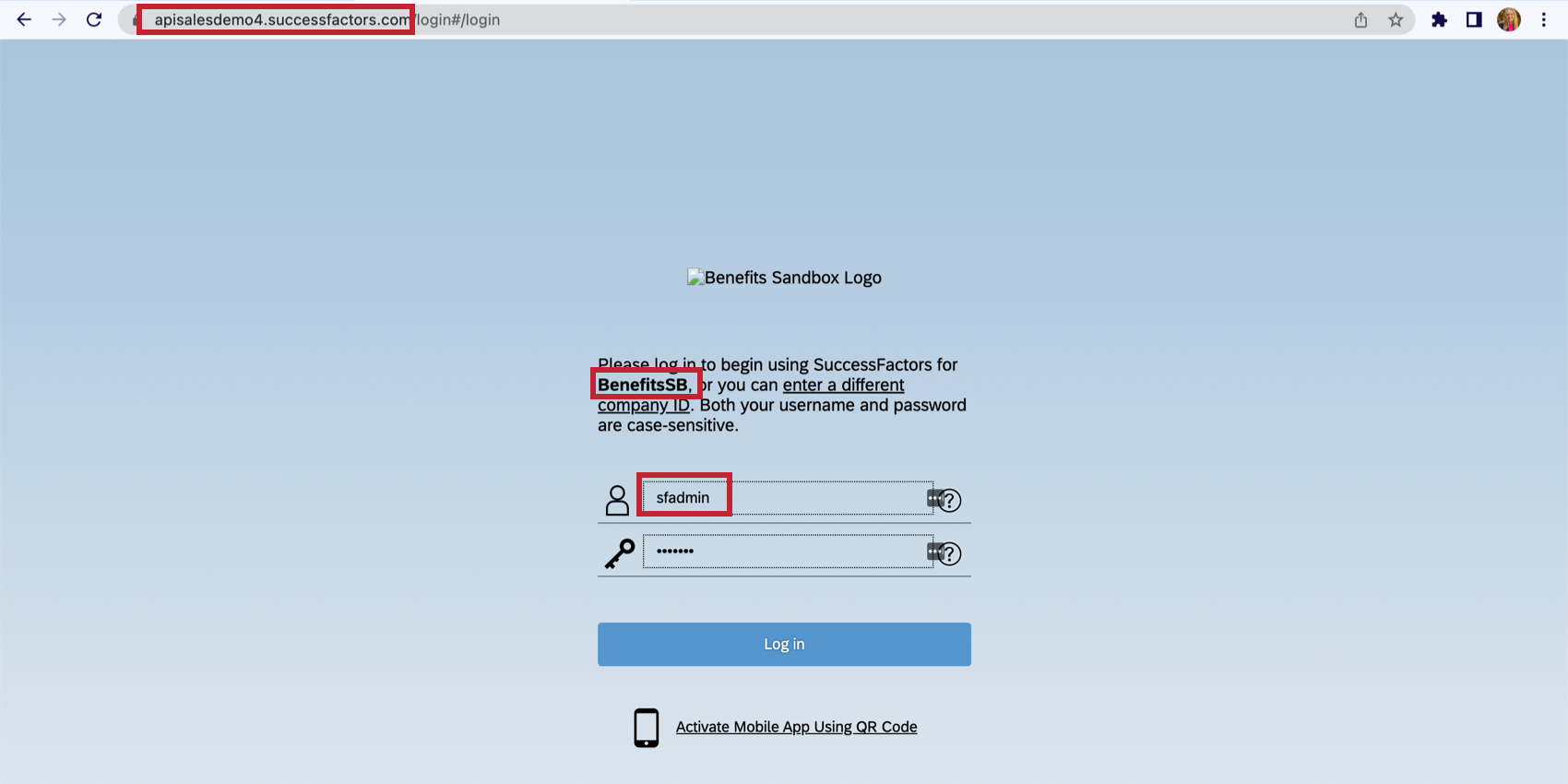 Successfactors login screen with key IDs highlighted.