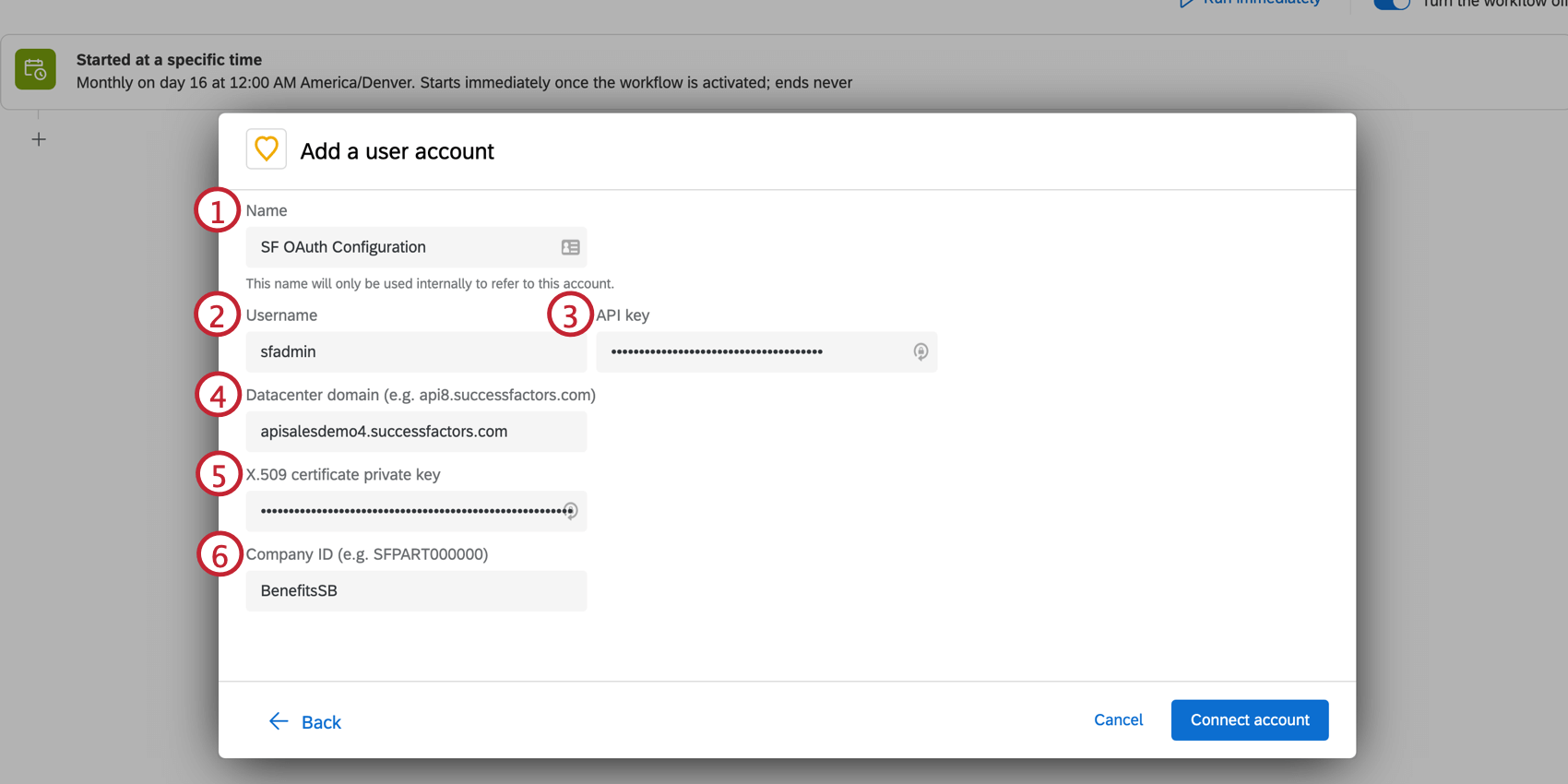 Mostra le informazioni necessarie da inserire in unAttività di estrazione dati di Qualtrics.