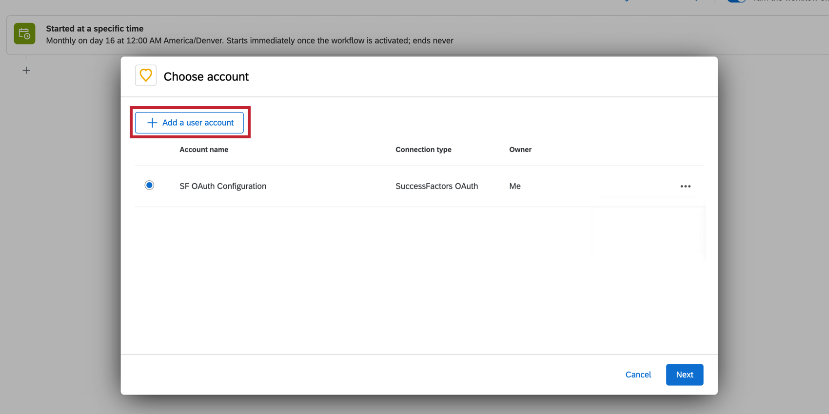 Shows how to add a new account to the worflows task pane.