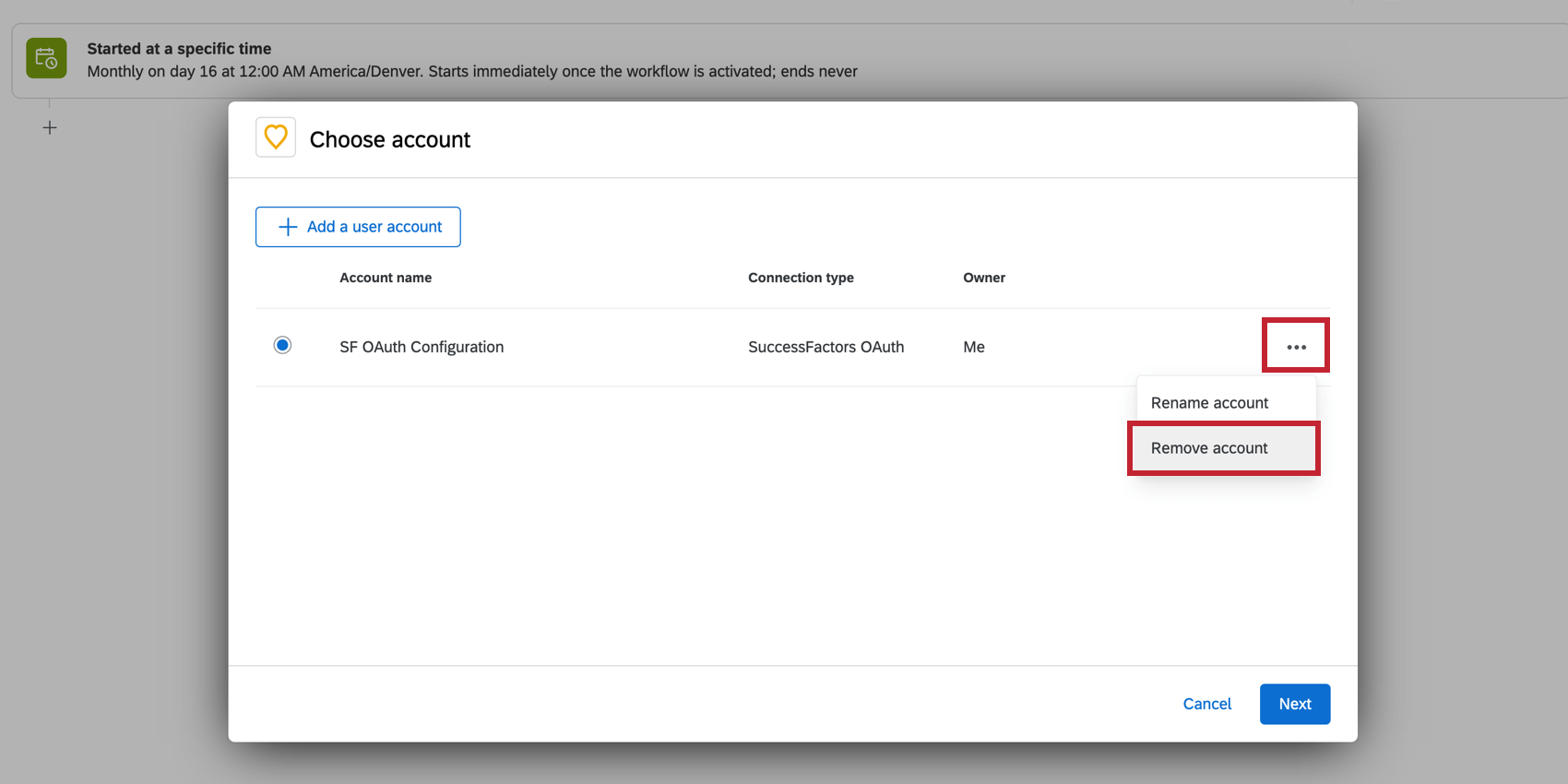 Shows how to remove an account from the workflows task pane.