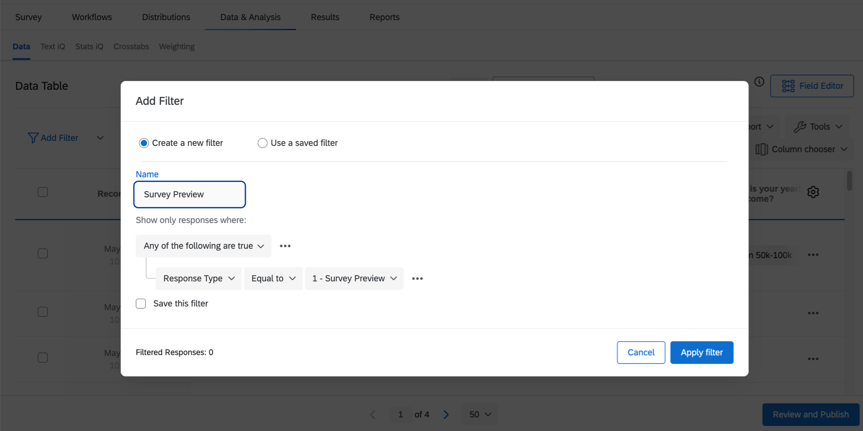 filter for preview responses