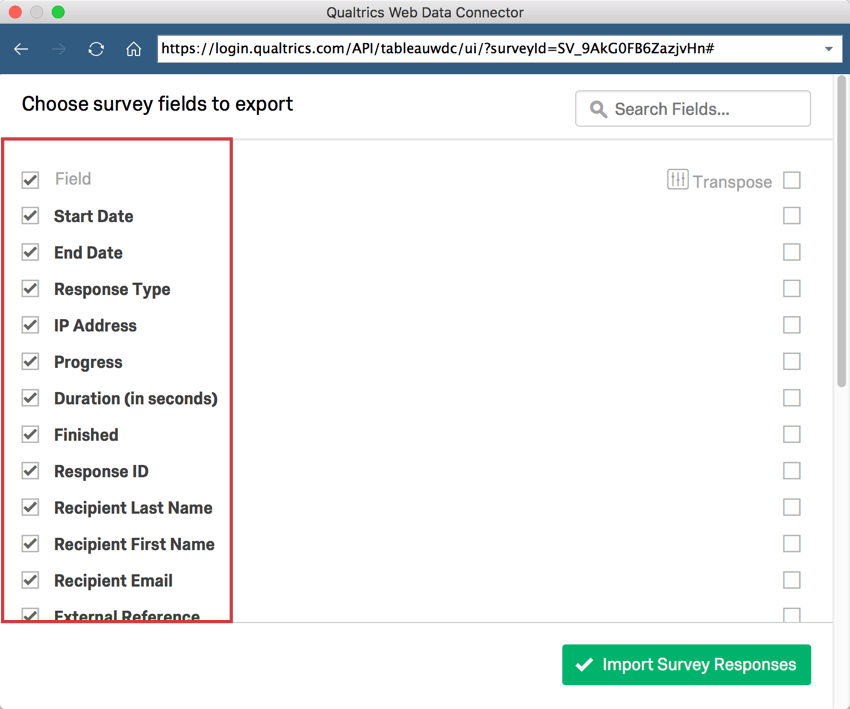 Check boxes for fields to pull through