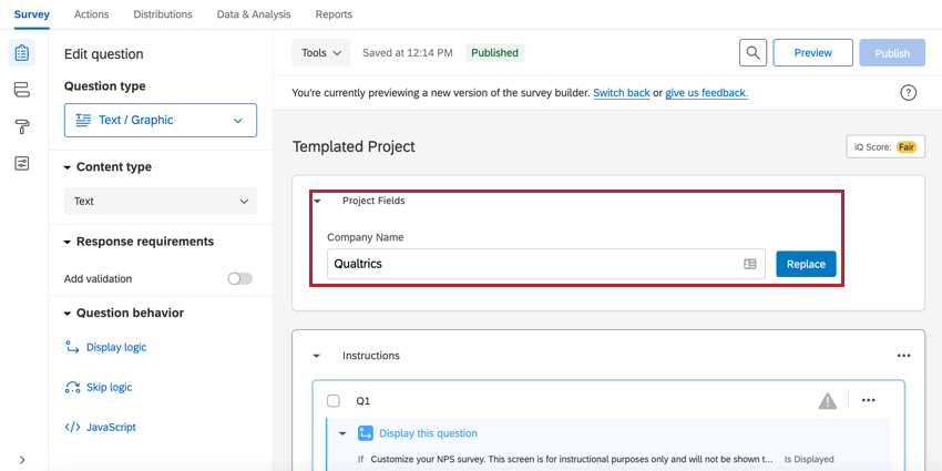 El bloque de campos del proyecto en el editor de encuesta para una plantilla