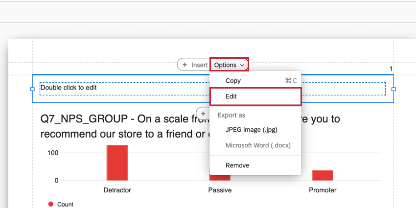 a text box in a report. the options menu is expanded to click edit in the menu