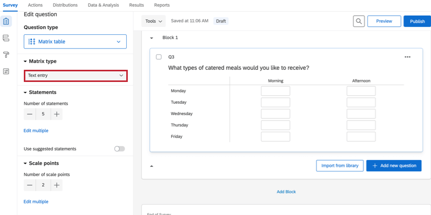 a text entry matrix question