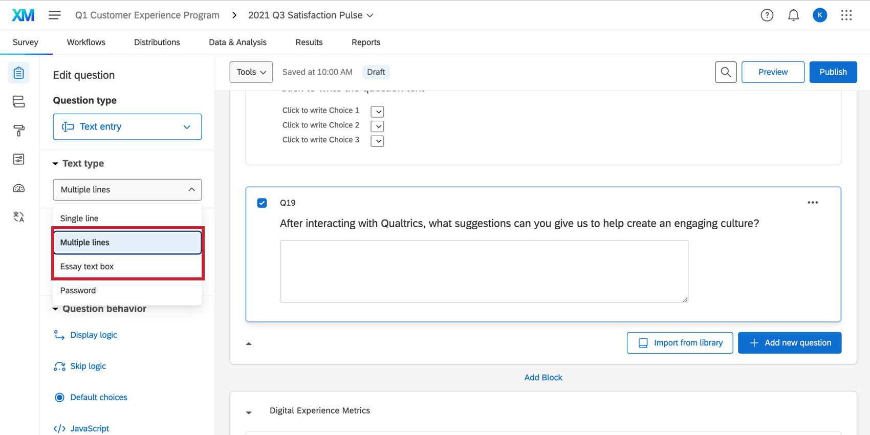 Multiple lines and Essay text box are highlighted as the Text entry question Text type