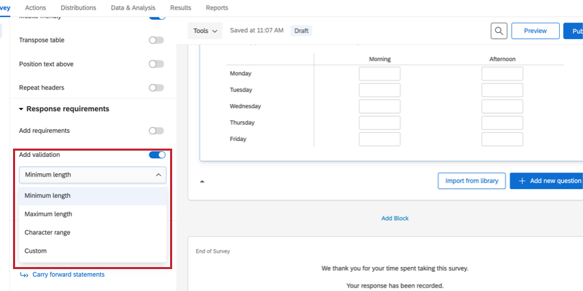 the add validation dropdown for limiting the length of the text entry