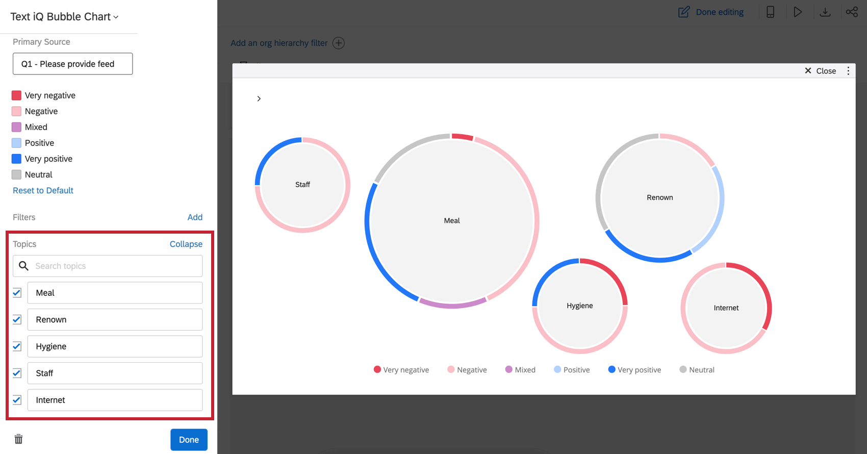 Una imagen de un widget de burbuja de texto; en el panel de edición, hay una sección donde se pueden buscar temas, ocultarlos e incluso renombrarlos (en el widget)