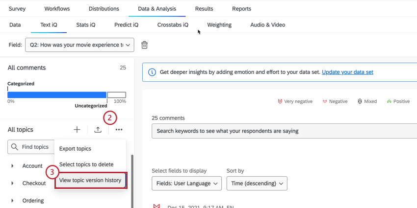 Three dot menu and then the view topic version history option