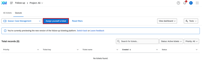 Image of the Assign me a ticket from the queue button