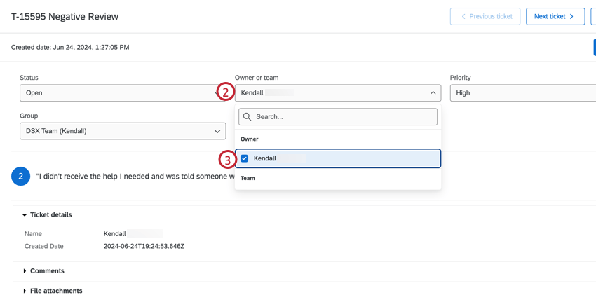 Owner dropdown menu with a user selected