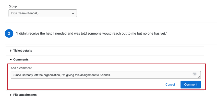 Text box to submit comments in Activity section of ticket