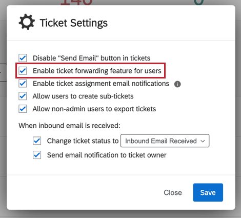 image of the "enable ticket forwarding feature for users" option