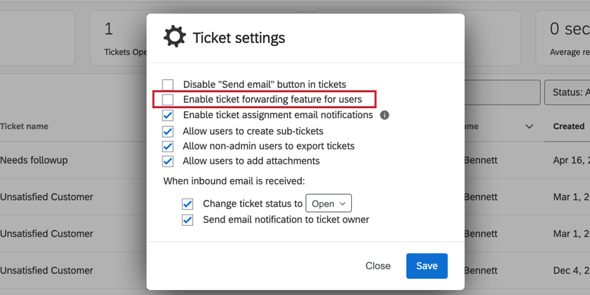 Activer la fonction de transfert de tickets pour les utilisateurs