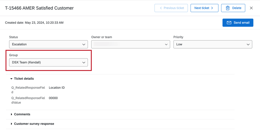 In a ticket, dropdown for ticket group