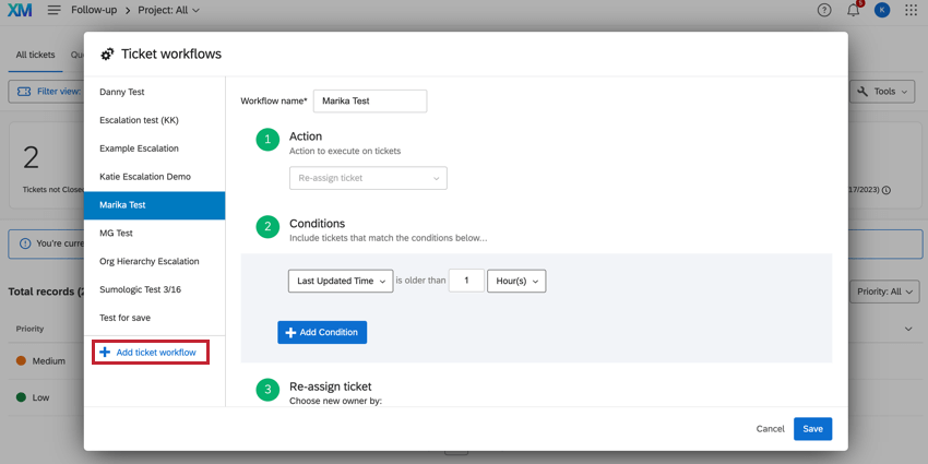 Schaltfläche Ticket Workflow hinzufügen