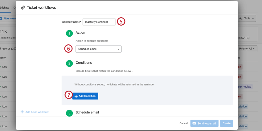 Janela Fluxos de trabalho em que o fluxo de trabalho é chamado de lembrete de inatividade e a etapa 1, ação, é definida como agendar e-mail