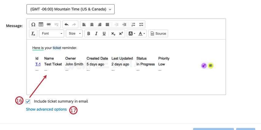 Checking the box beneath the message makes table appear in the message. show advanced options in blue at very bottom