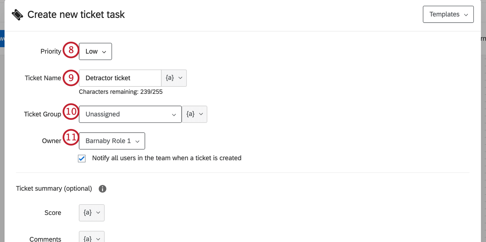 choosing the priority, ticket name, ticket group, and owner for the ticket