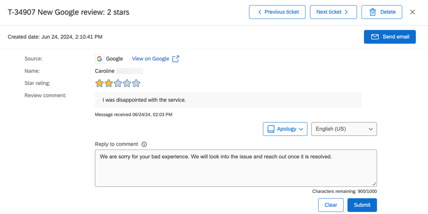 Online review in a ticket