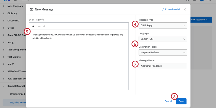 Configurazione delle proprietà di un nuovo messaggio di tipo ORM Reply