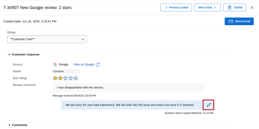 Icône de crayon à côté dune réponse