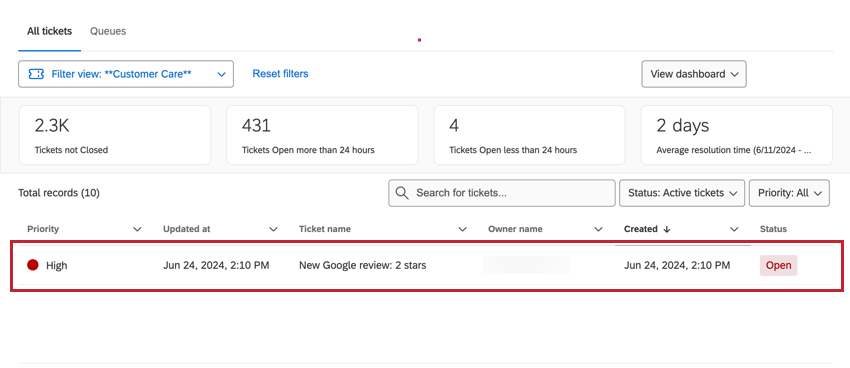 A ticket in the follow-up page that is highlighted