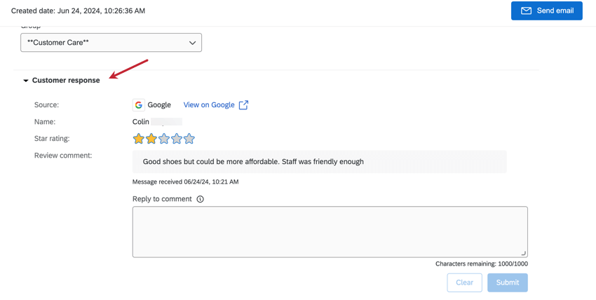 Arrow pointing to the customer response section of a ticket