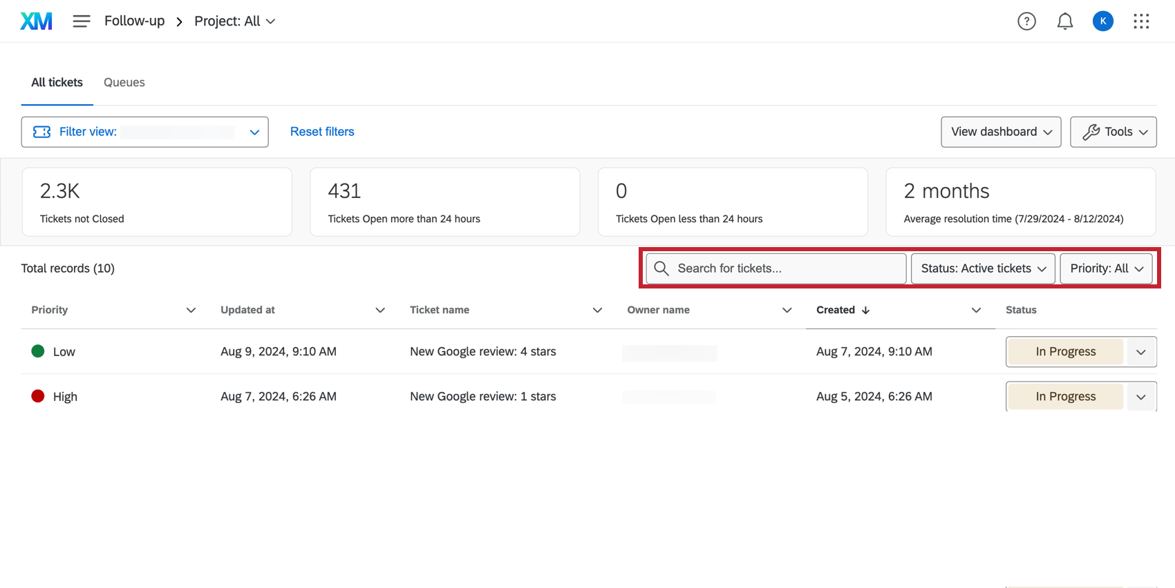 Search tickets with dropdowns