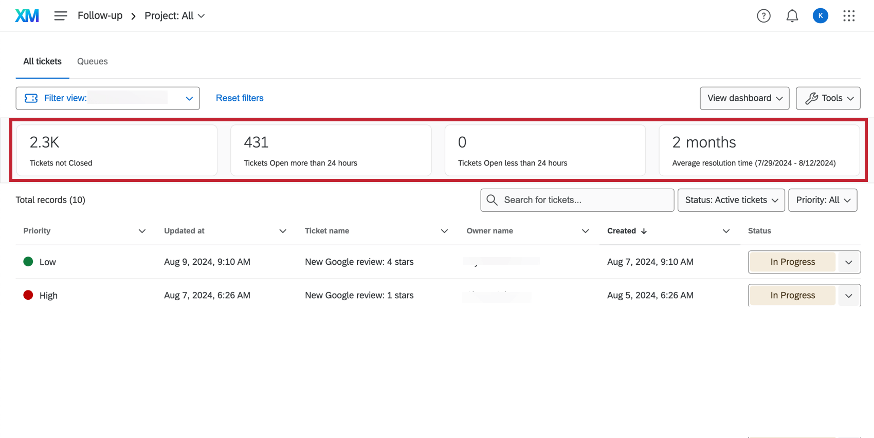 ticketing bar at the top of the Projects page
