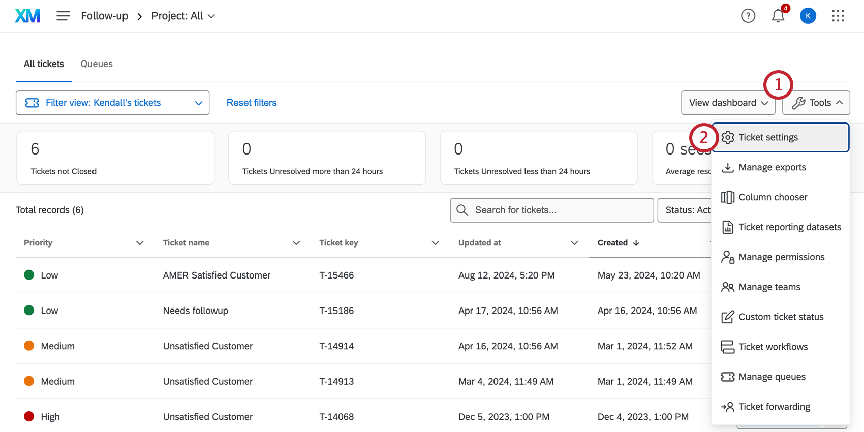 Ticket Settings option under far-right Tools dropdown