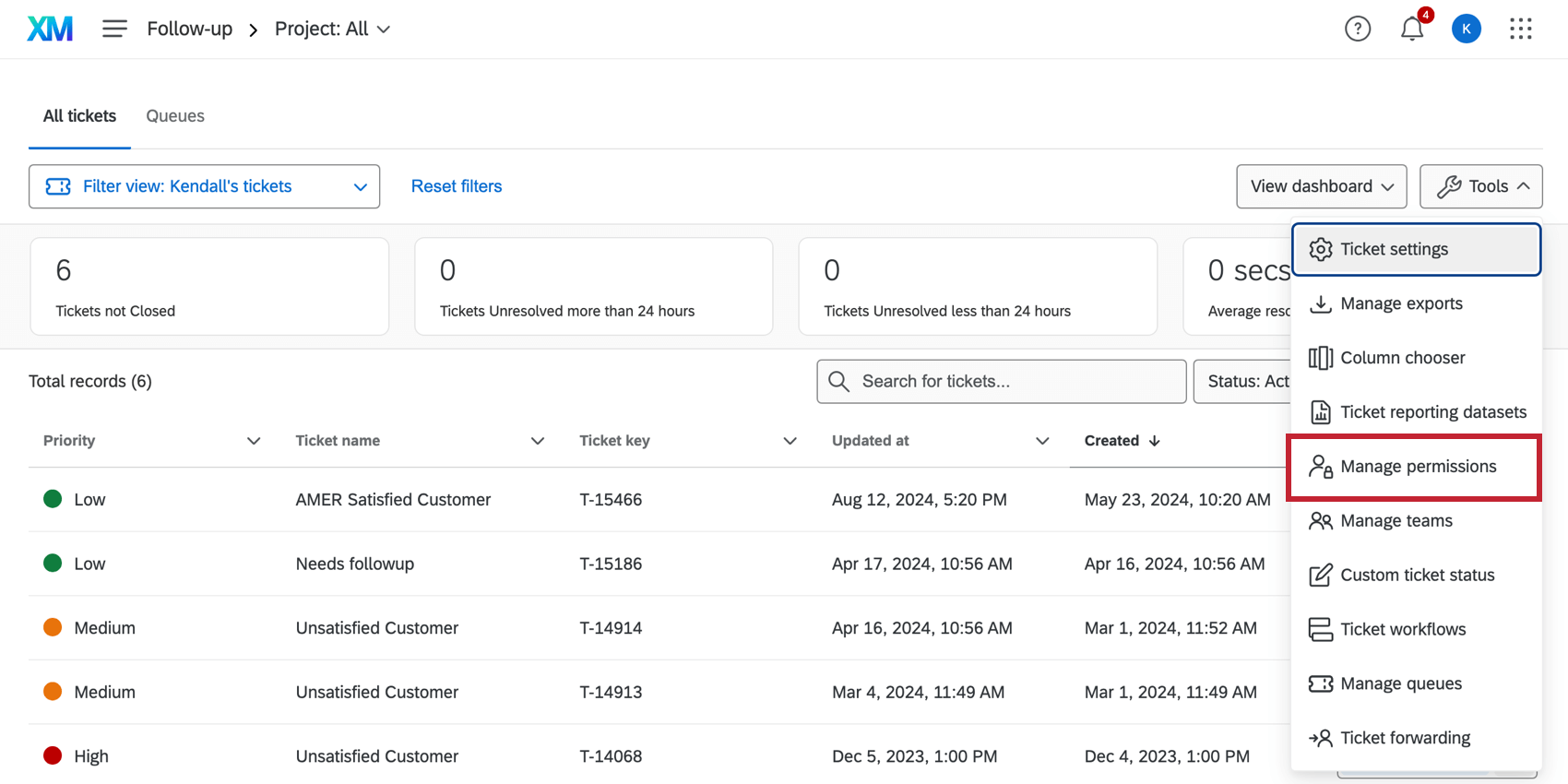 Ticket follow-up page, tools menu expanded on right