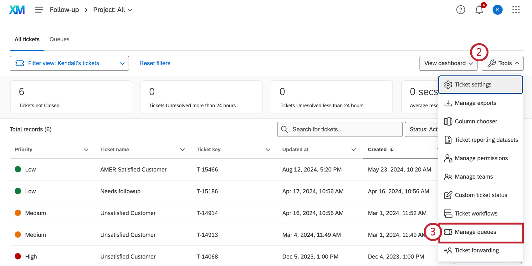 Manage Queues under the far-right Tools dropdown