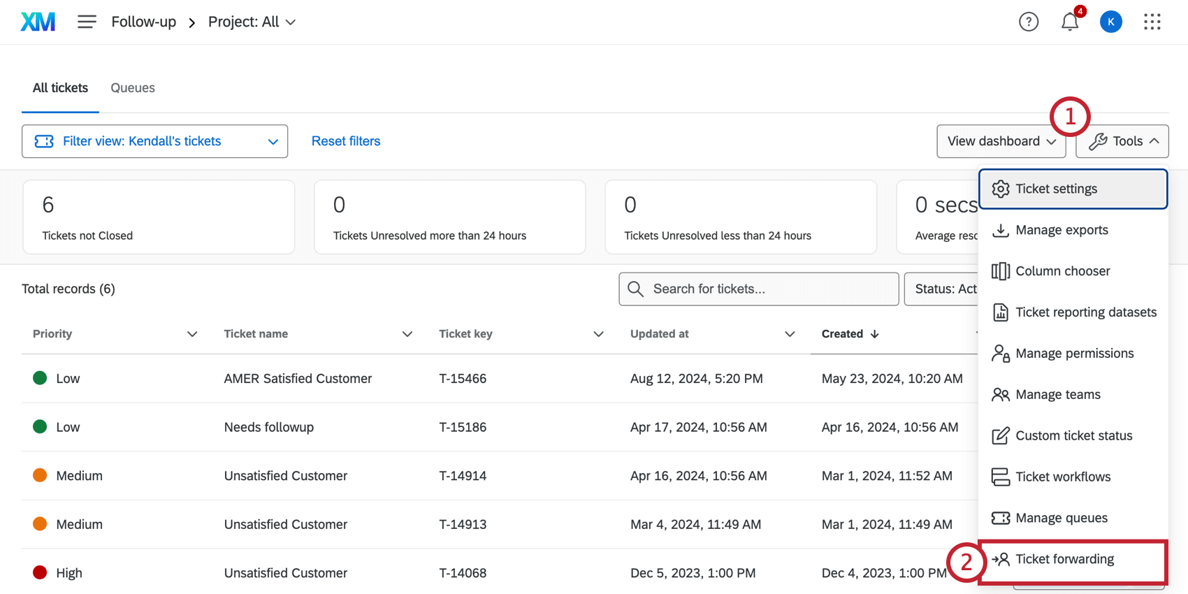 Opening tools on the ticket follow up page