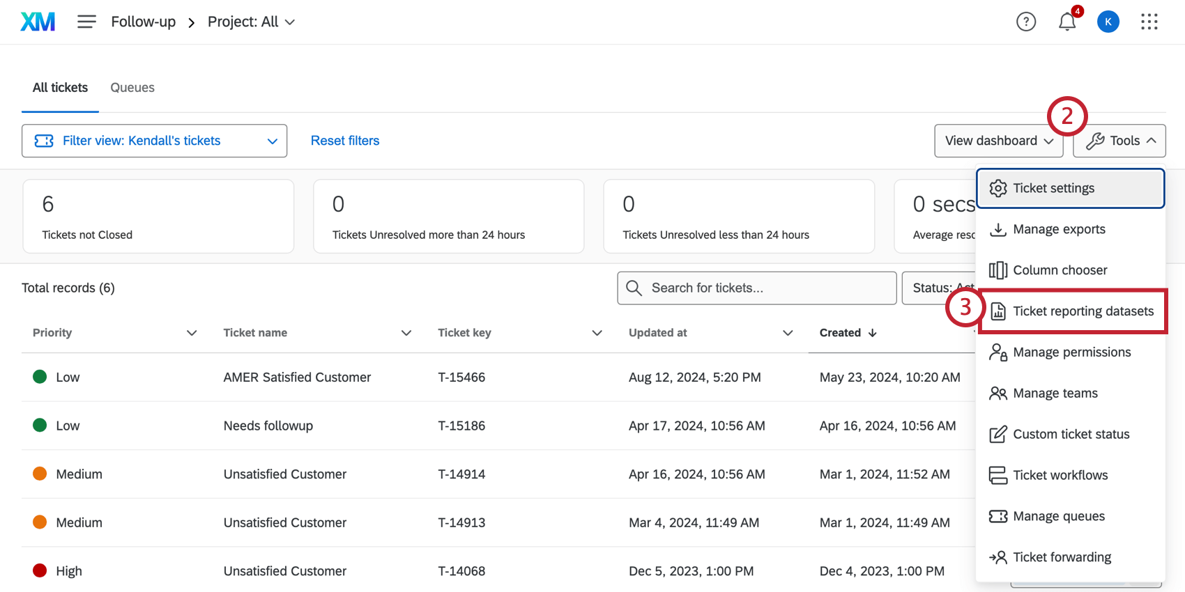 Once on ticketing page, open the Tools menu. Ticket reporting datasets is the fourth option