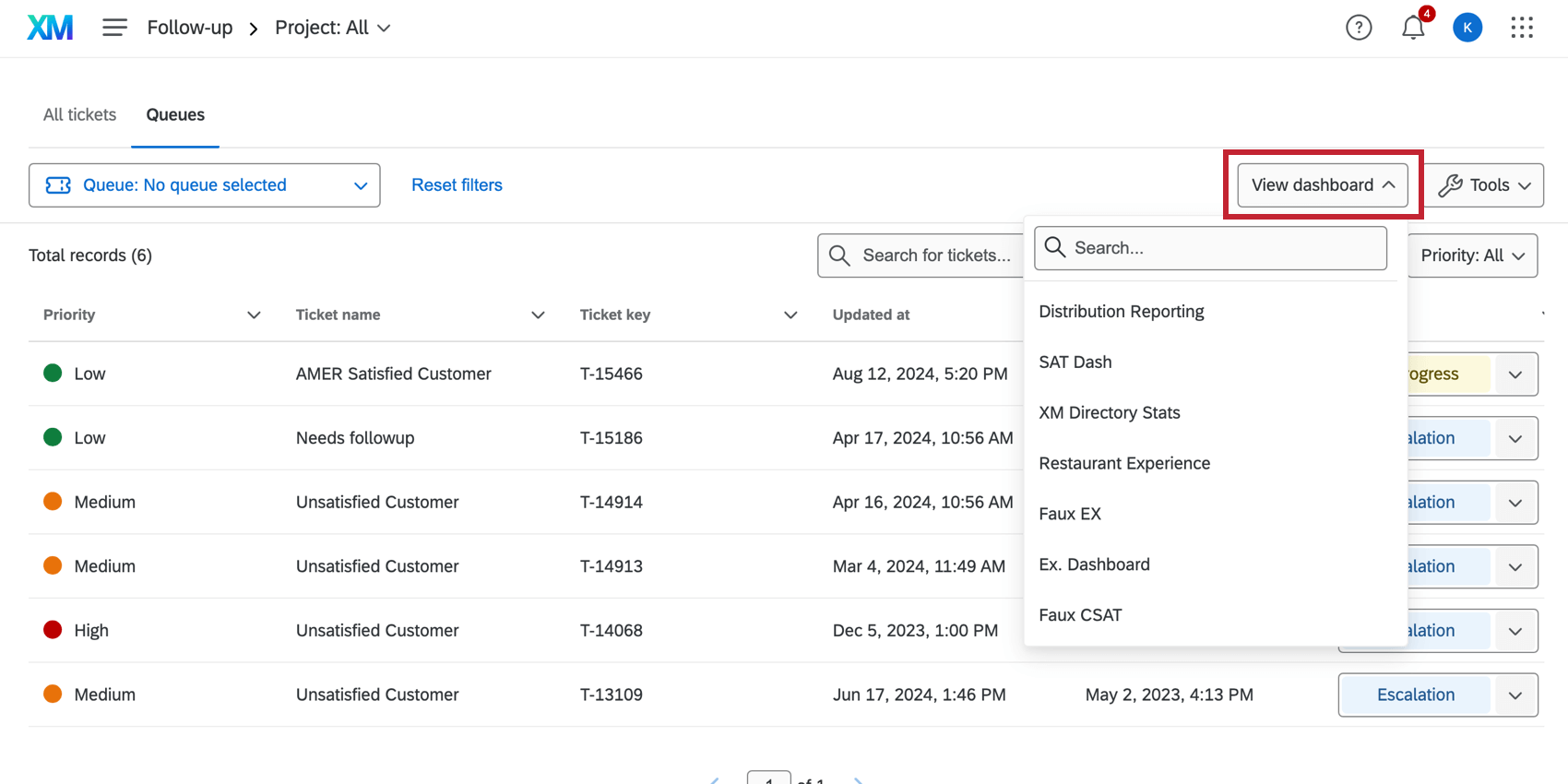 Dashboard dropdown top of ticketing page