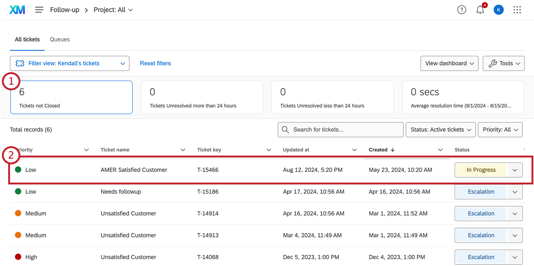 Clicking on metrics filters the ticketing list by that metric